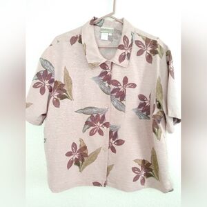 Pretty Coldwater Creek Mauve Purple Floral Silk Shirt Short Sleeve Size Large